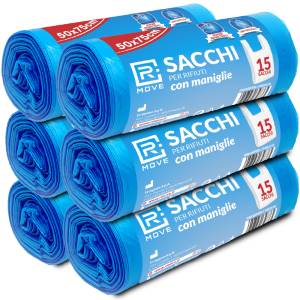 RMove Sacchi Rifiuti 50x75cm con maniglie 6 Rotoli da 15 Sacchi Blu